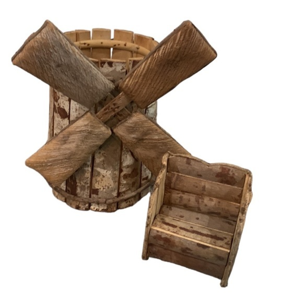 Handmade‎ Garden Wooden Wind Mill Garden and Bench 9.5”x6.5”